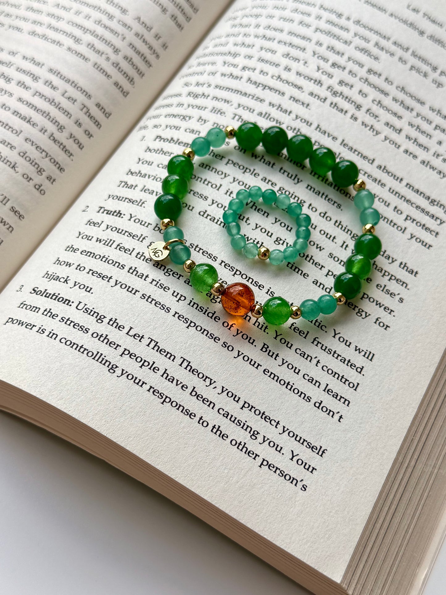 Green Aventurine - Green Jade - Natural Amber Bracelet with Green Aventurine Ring