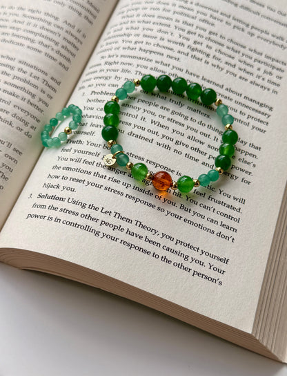 Green Aventurine - Green Jade - Natural Amber Bracelet with Green Aventurine Ring