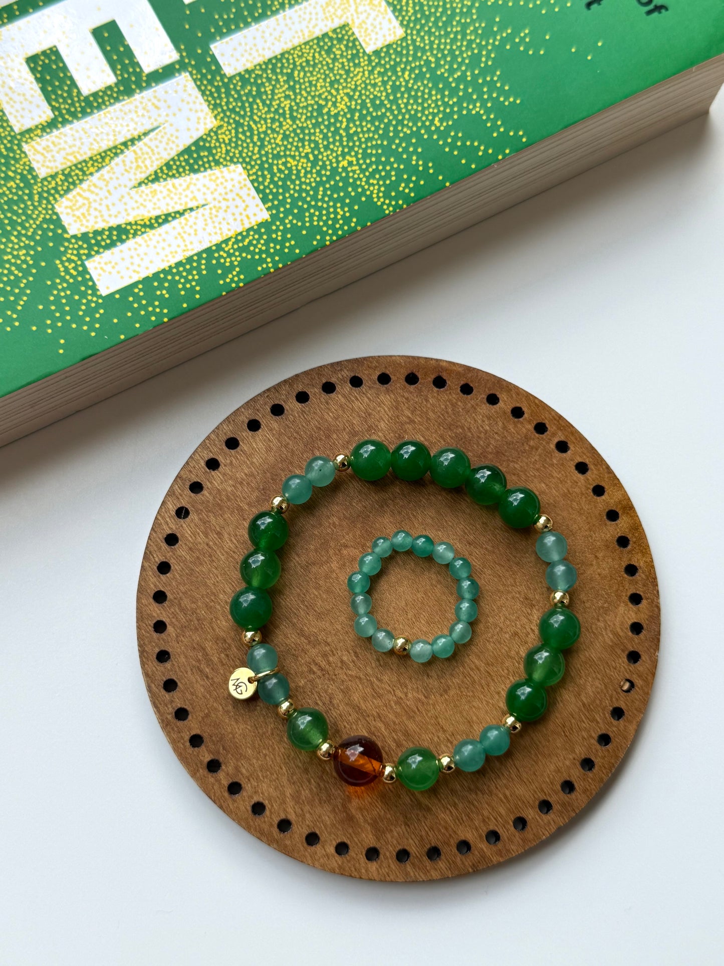 Green Aventurine - Green Jade - Natural Amber Bracelet with Green Aventurine Ring