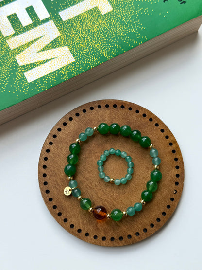 Green Aventurine - Green Jade - Natural Amber Bracelet with Green Aventurine Ring