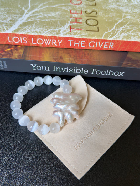 White Selenite - Unique Freshwater Pearl Bracelet