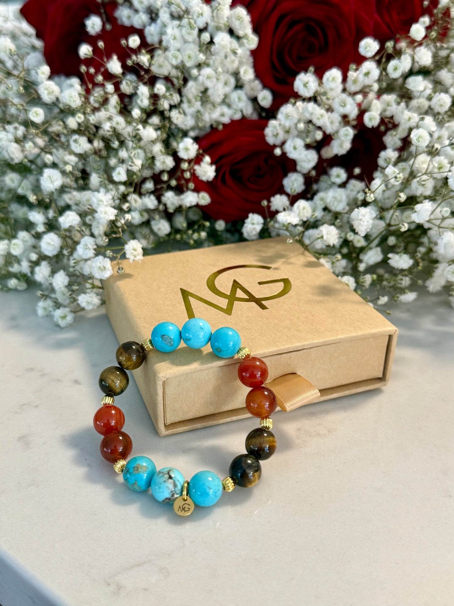 Turquoise - Red Agate - Tiger Eye Bracelet