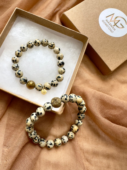 Dalmatian Jasper Bracelet W/ Big Golden Genuine Stone