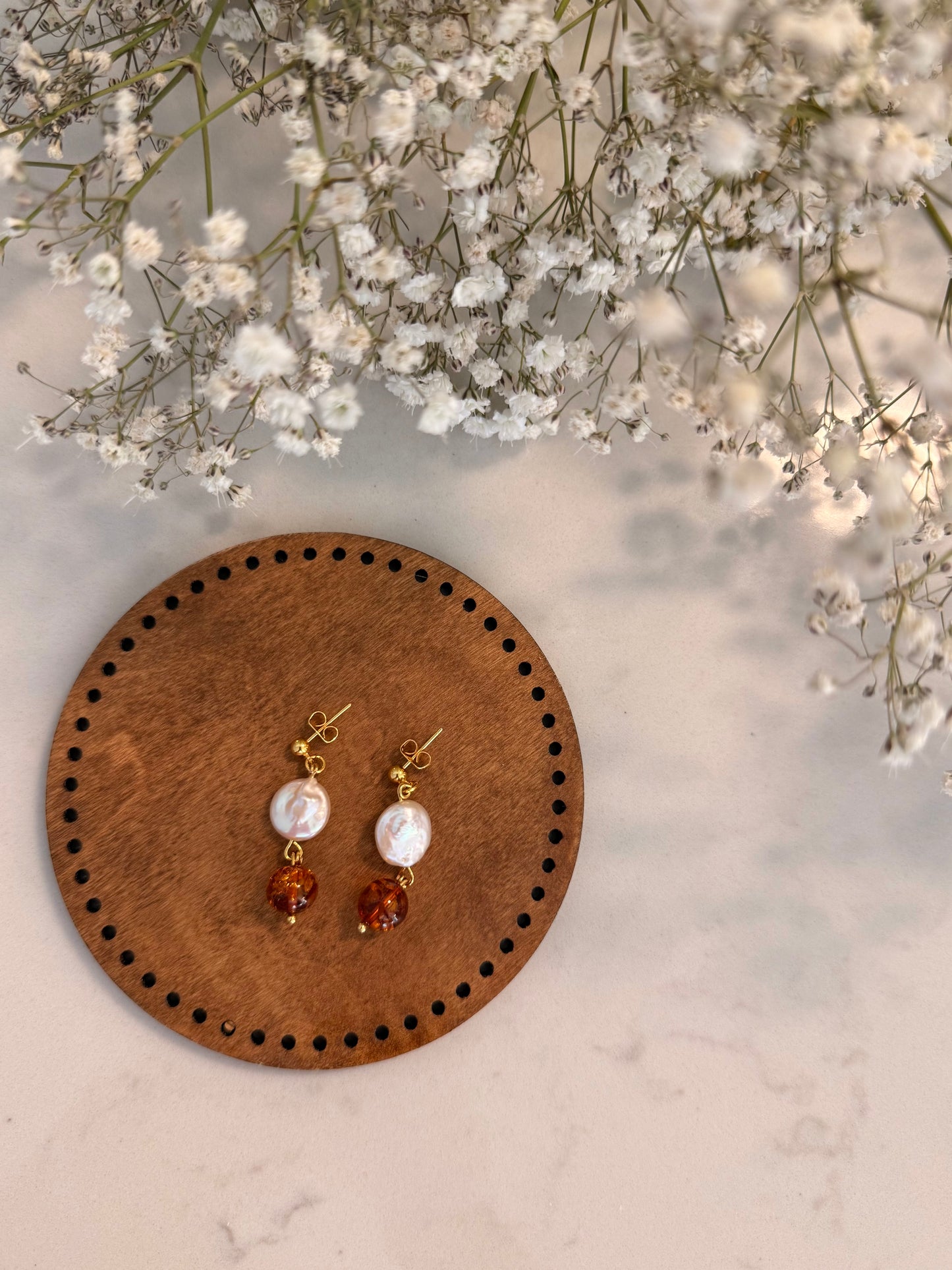 Natural Sea Pearl - Natural Amber Plated Gold Earrings
