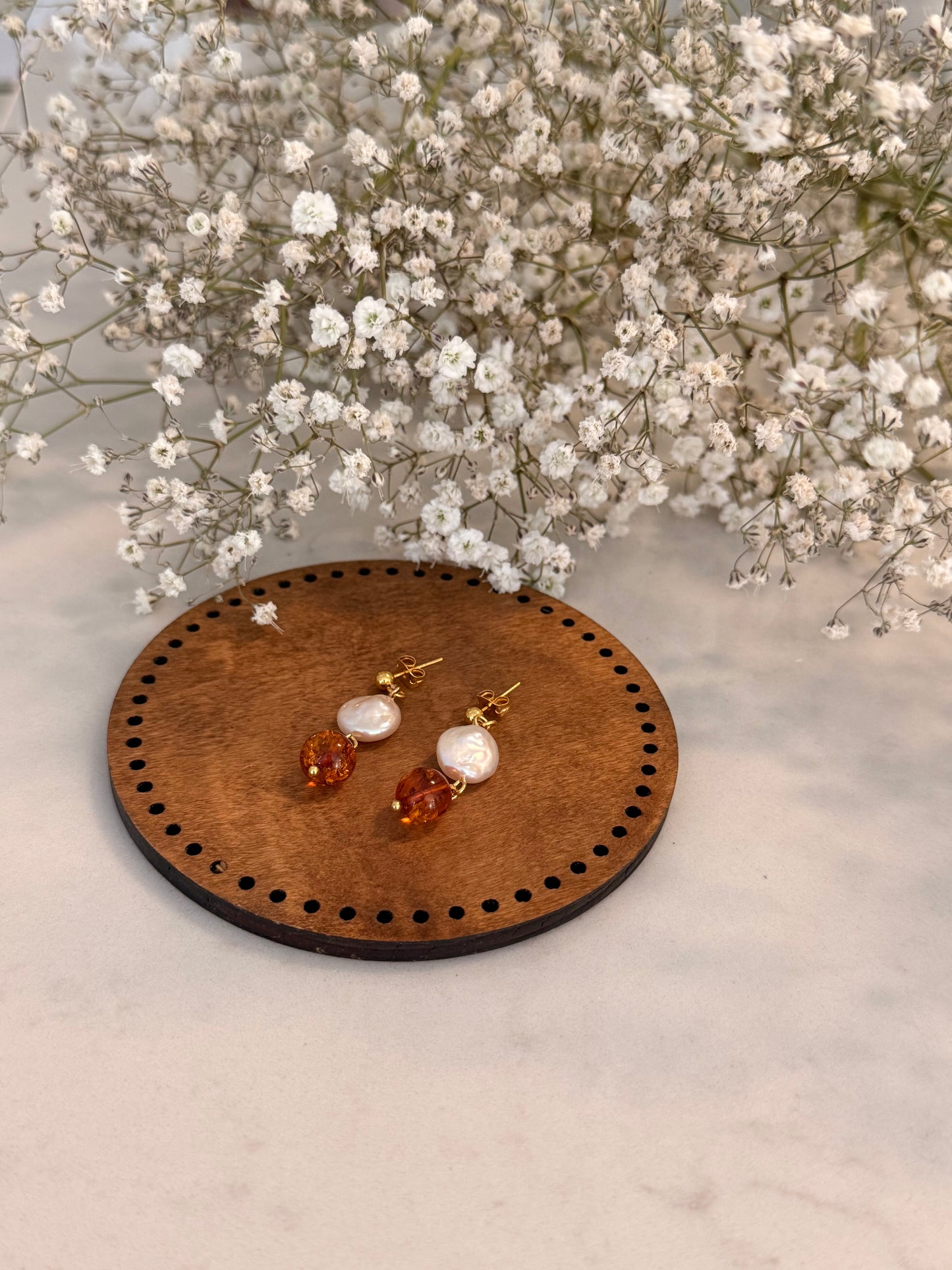 Natural Sea Pearl - Natural Amber Plated Gold Earrings