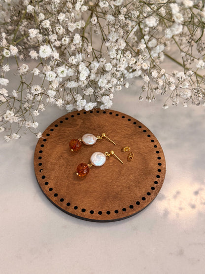 Natural Sea Pearl - Natural Amber Plated Gold Earrings