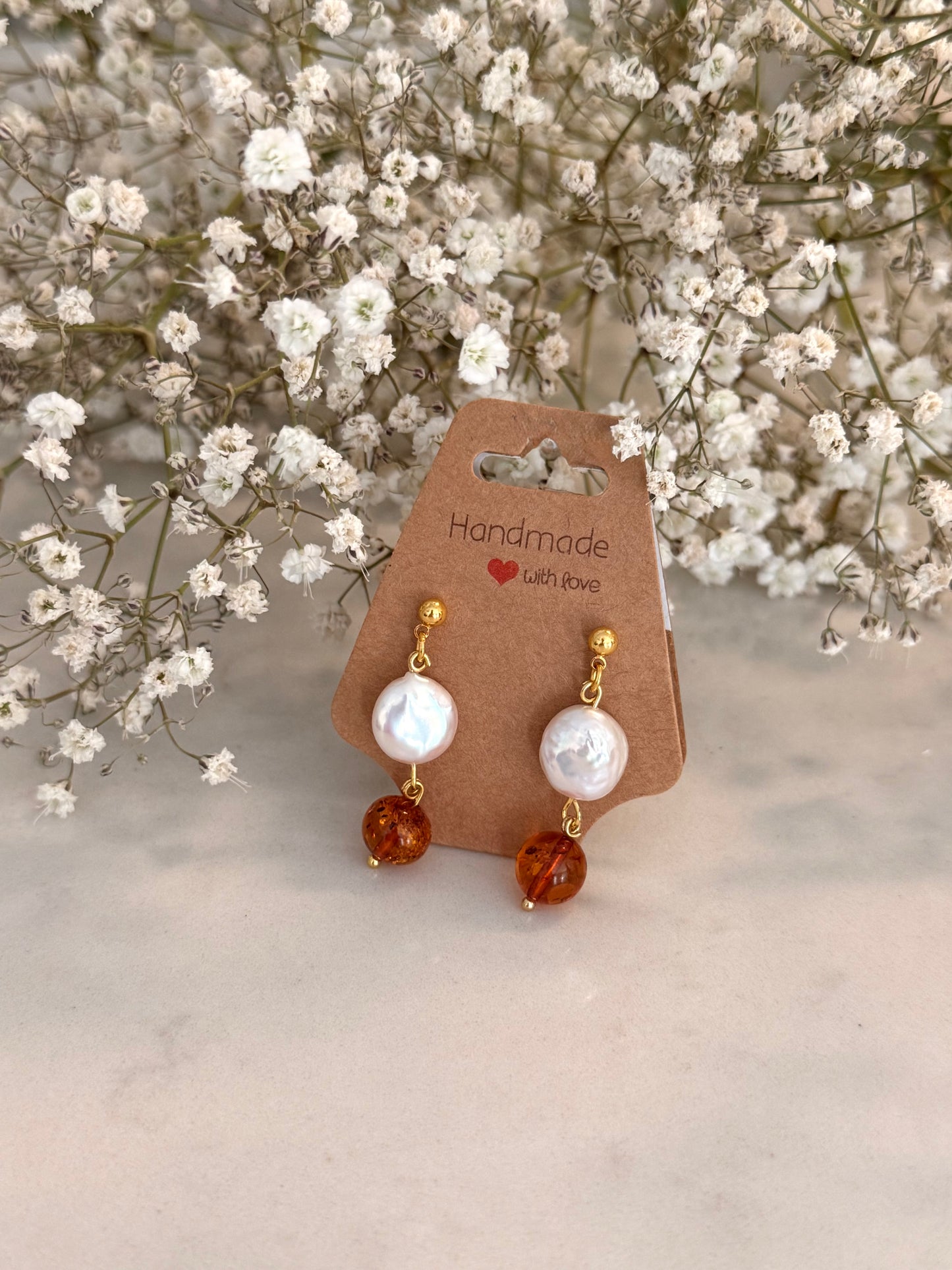 Natural Sea Pearl - Natural Amber Plated Gold Earrings