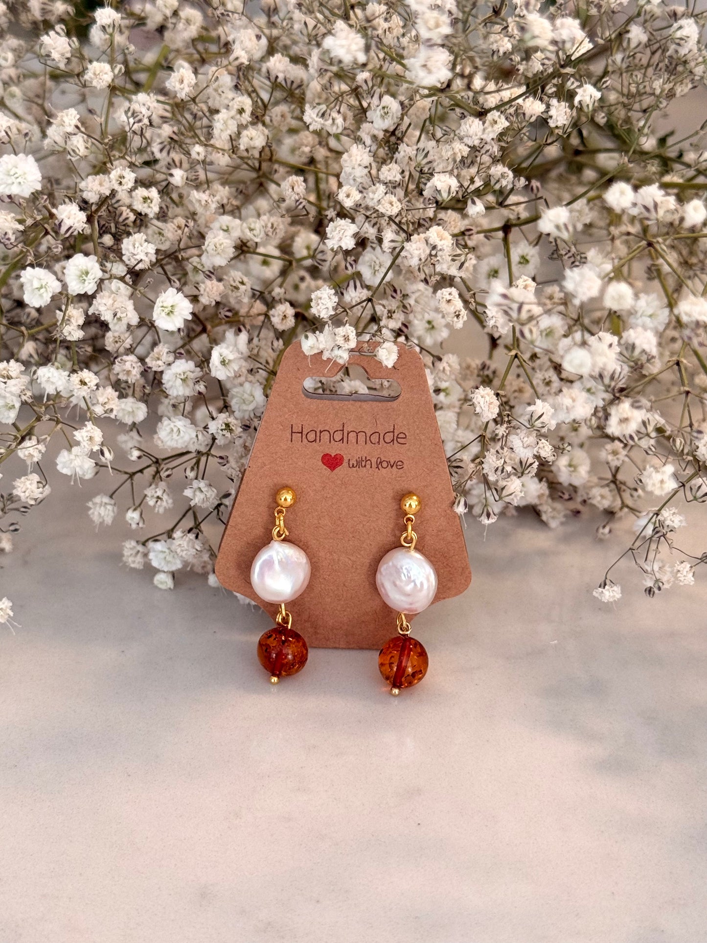 Natural Sea Pearl - Natural Amber Plated Gold Earrings