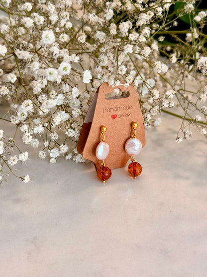 Natural Sea Pearl - Natural Amber Plated Gold Earrings