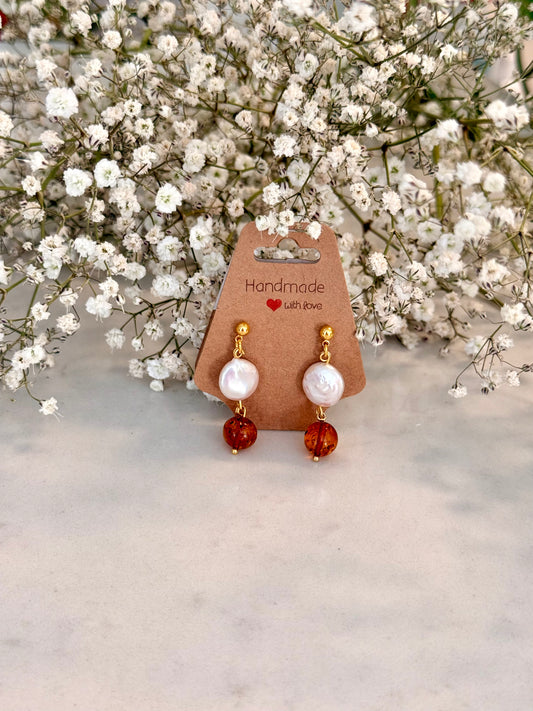 Natural Sea Pearl - Natural Amber Plated Gold Earrings