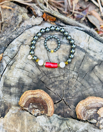 Hematite - Natural Pearl - Natural Coral Bracelet with Hematite Ring