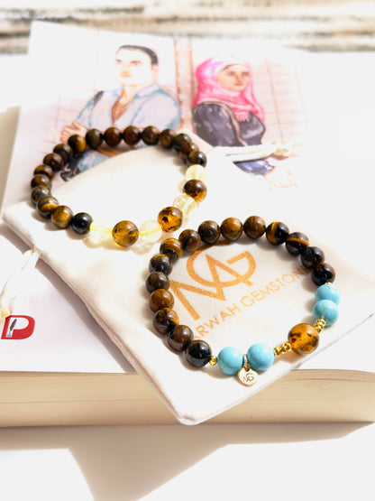 Tiger Eye - Turquoise - Amber - Citrine Twins Bracelet Set