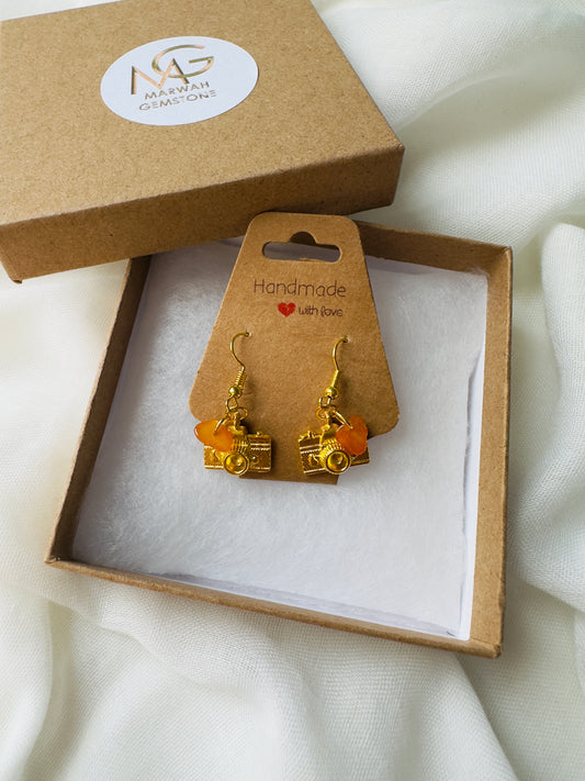 Camera Earrings made of Golden Metal with Orange Quartz