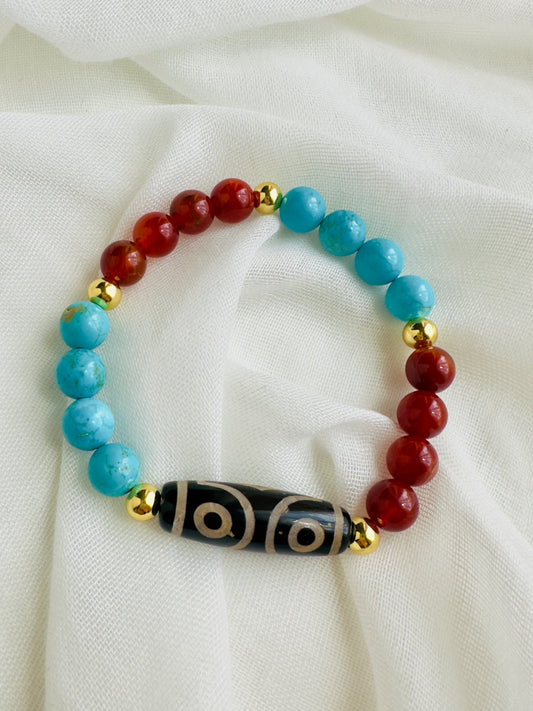 Original Turquoise-Carnelian-Tibetan Black Agate Bracelet W/ Plated 14 Spacers