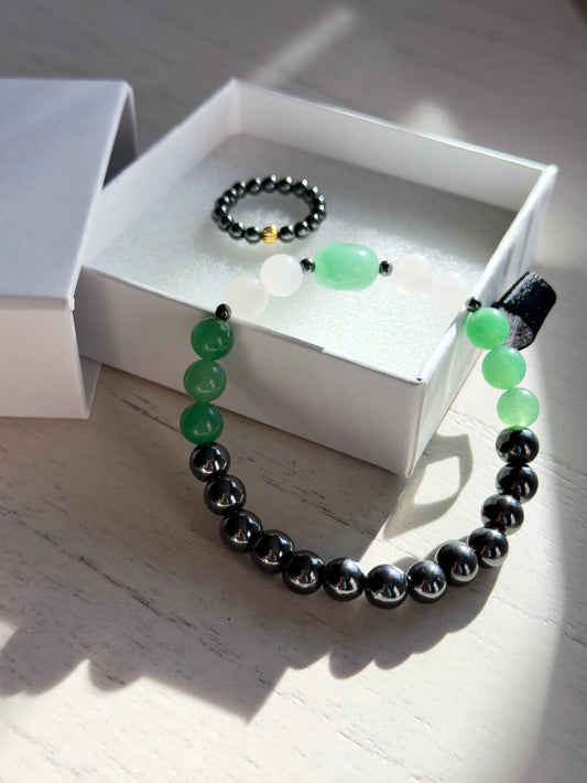 Hematite - White Quartz - Green Aventurine Bracelet + Ring Set