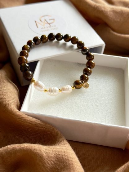 Tiger Eye - Natural Pearl Bracelet with Hematite Spacers