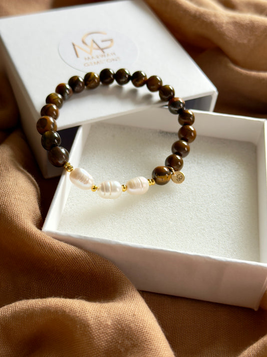 Tiger Eye - Natural Pearl Bracelet with Hematite Spacers