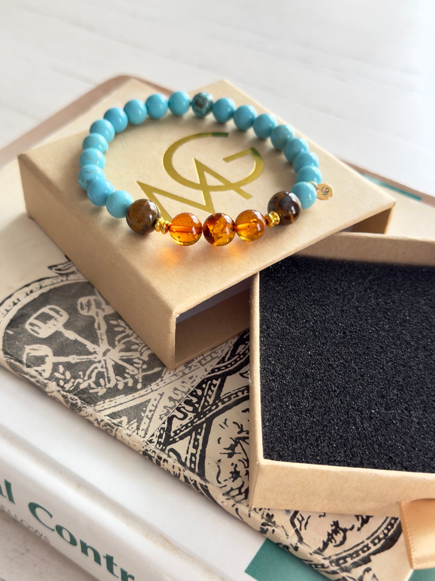 Tiger Eye - Natural Amber - Turquoise Bracelet