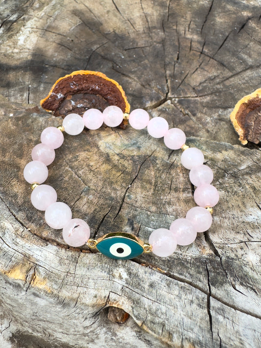 Rose Quartz Bracelet with Charm and Plated Gold 18 Spacers