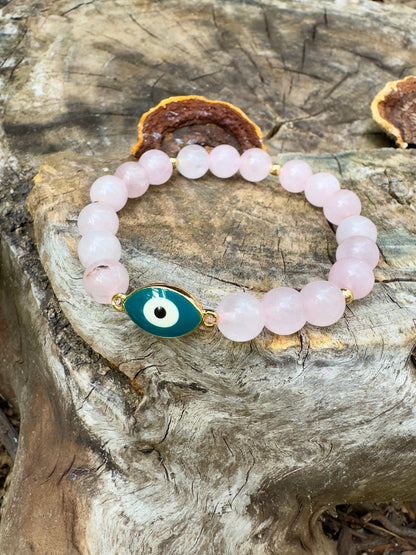 Rose Quartz Bracelet with Charm and Plated Gold 18 Spacers