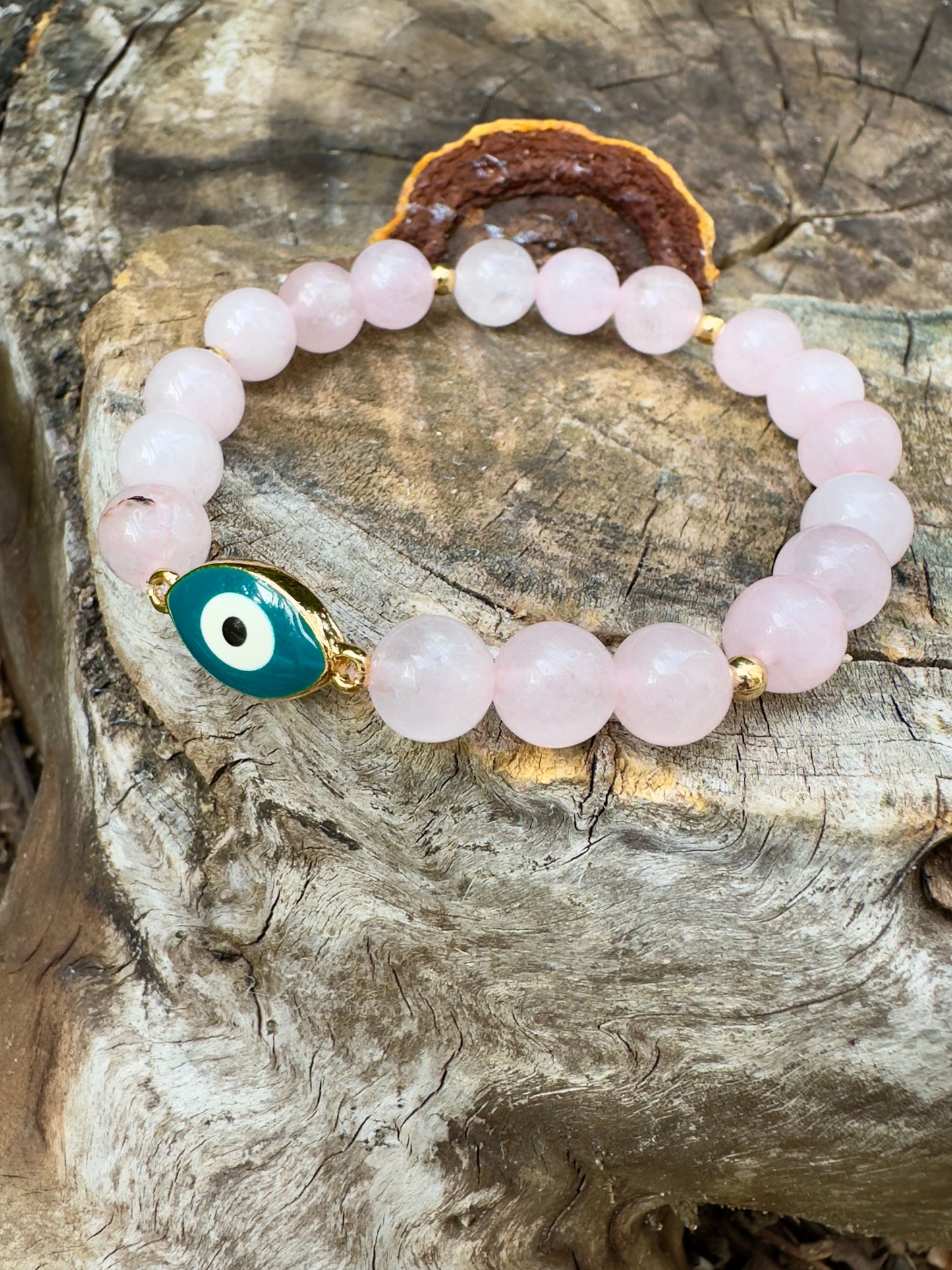 Rose Quartz Bracelet with Charm and Plated Gold 18 Spacers