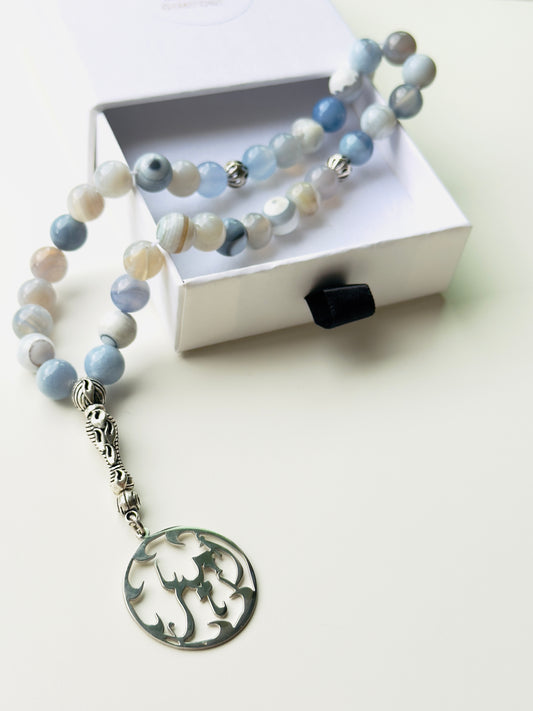 33-Bead Blue Agate Misbaha with Custom Silver 925 Arabic Name Charm