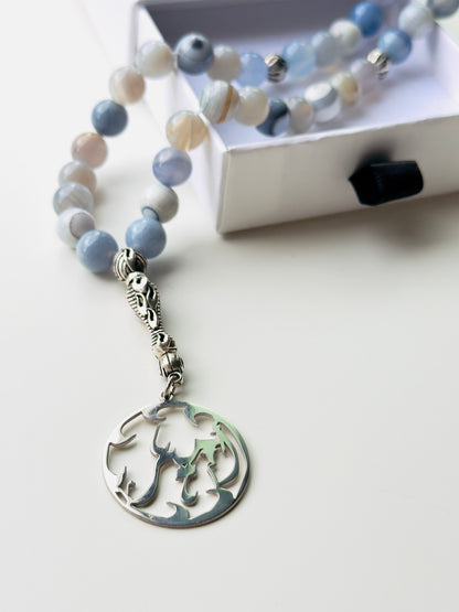 33-Bead Blue Agate Misbaha with Custom Silver 925 Arabic Name Charm