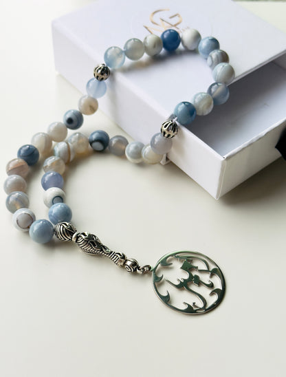 33-Bead Blue Agate Misbaha with Custom Silver 925 Arabic Name Charm