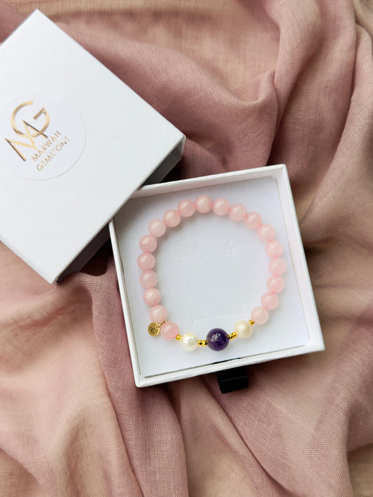 Rose Quartz - Amethyst - Natural Pearl Bracelet with Hematite Spacers