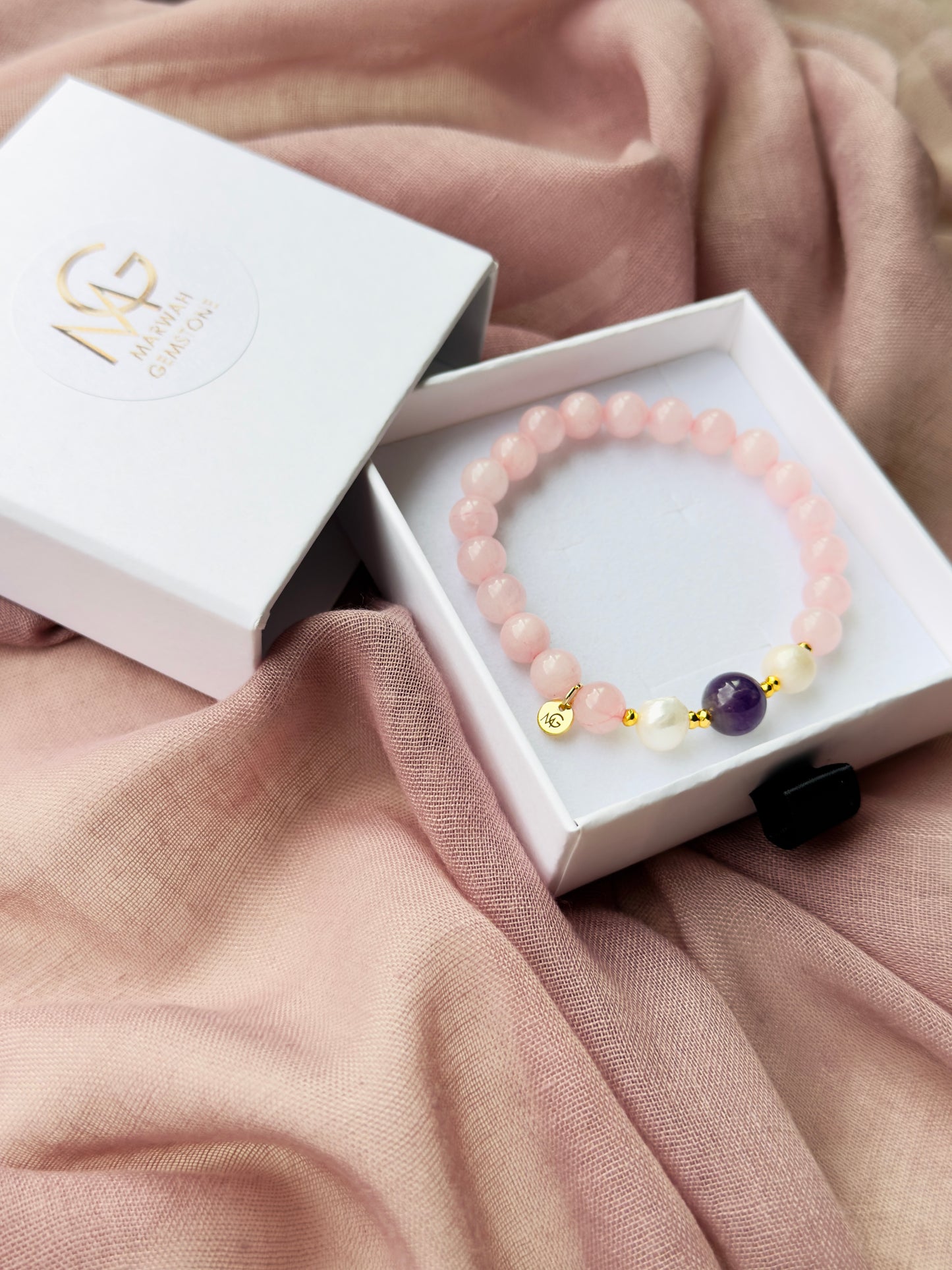 Rose Quartz - Amethyst - Natural Pearl Bracelet with Hematite Spacers