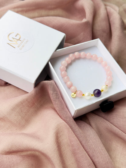 Rose Quartz - Amethyst - Natural Pearl Bracelet with Hematite Spacers