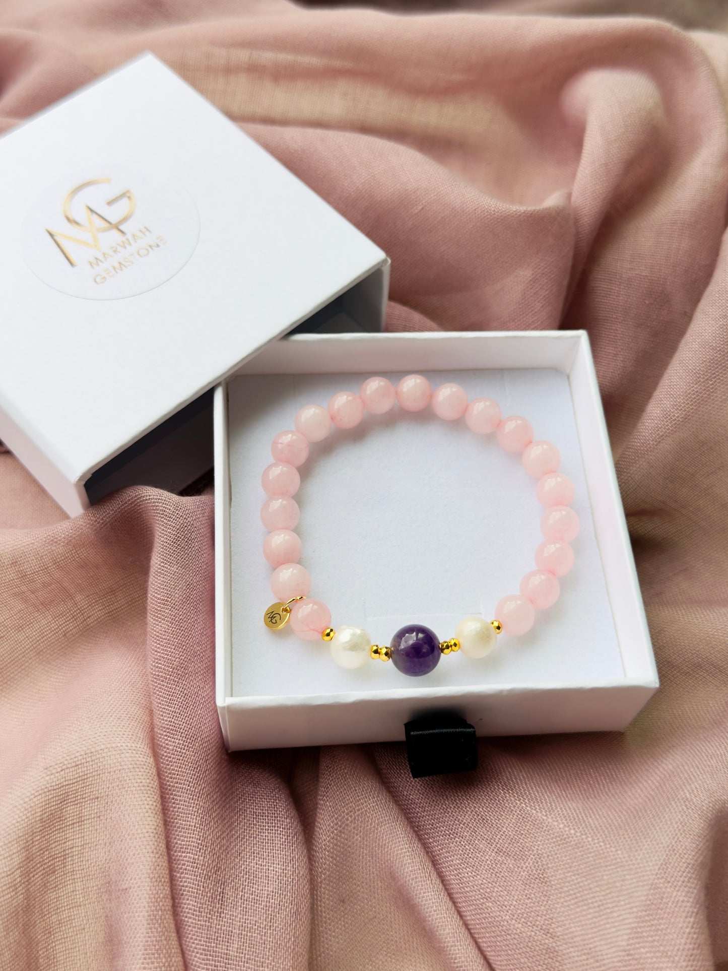 Rose Quartz - Amethyst - Natural Pearl Bracelet with Hematite Spacers