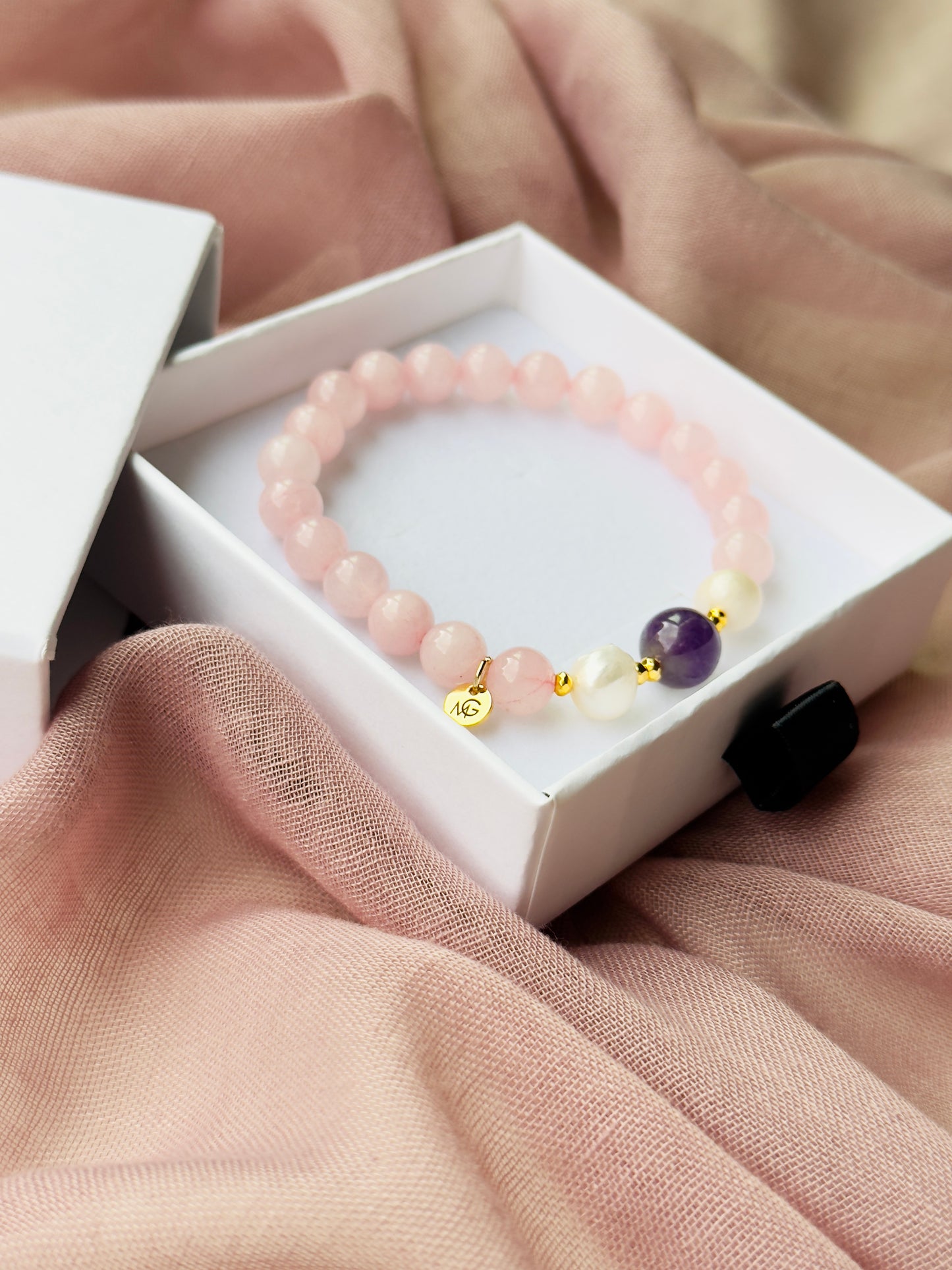 Rose Quartz - Amethyst - Natural Pearl Bracelet with Hematite Spacers