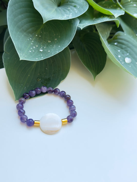 Amethyst - Natural River Shell Bracelet with Hematite Spacers