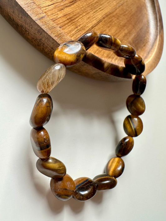 Oval Shaped Tiger Eye Beads Unisex Bracelet