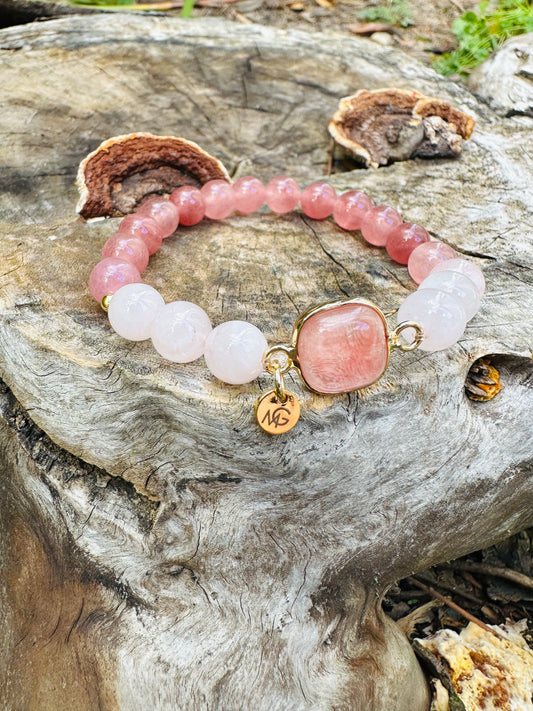 Rose Quartz-Strawberry Quartz Bracelet W/ Strawberry Quartz Charm