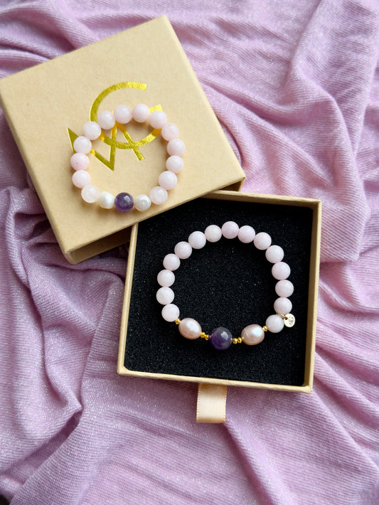 Rose Quartz - Natural Pearl - Amethyst Mother and Daughter Bracelet Set