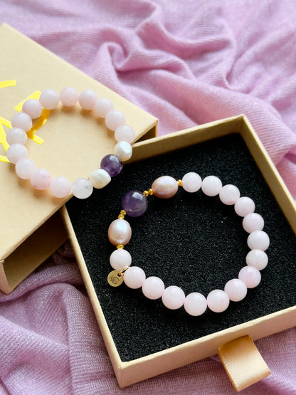 Rose Quartz - Natural Pearl - Amethyst Mother and Daughter Bracelet Set