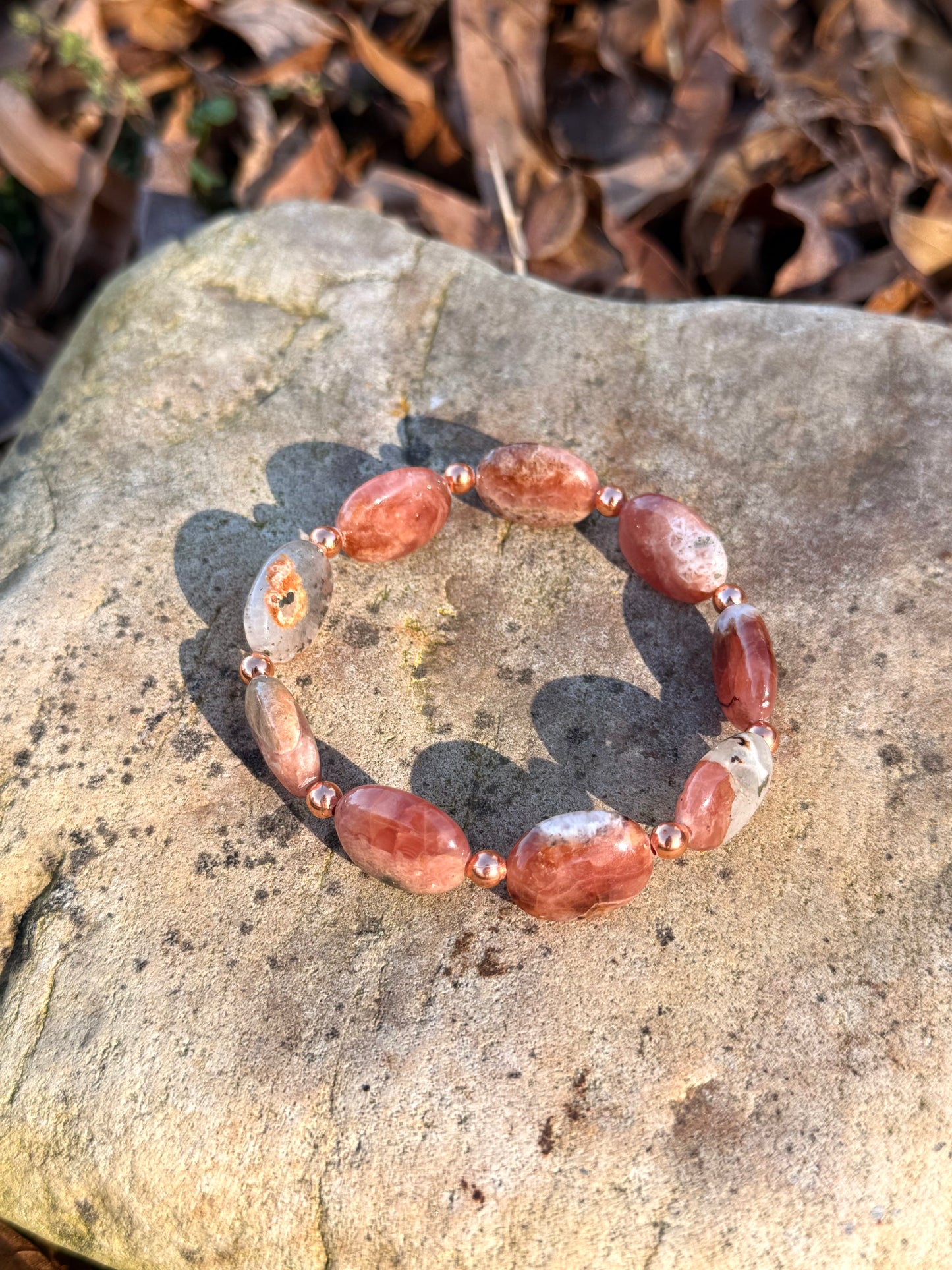 Rhodochrosite Stone Bracelet with Copper Spacers