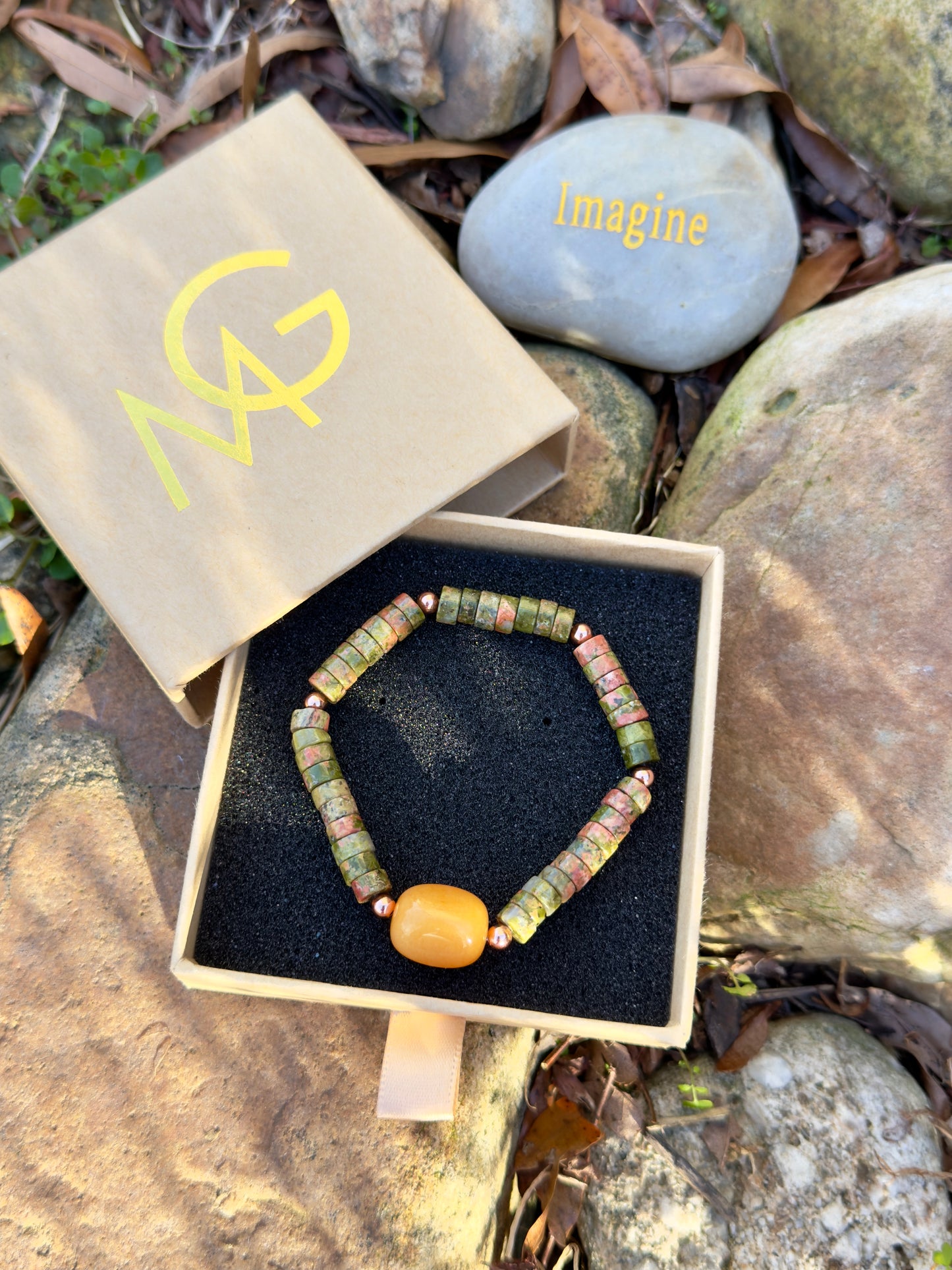 Unakite - Orange Quartz Bracelet with Copper Spacers