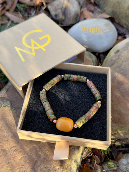 Unakite - Orange Quartz Bracelet with Copper Spacers
