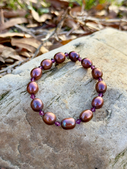 Brown Natural Pearl Bracelet with Swarovski Spacers