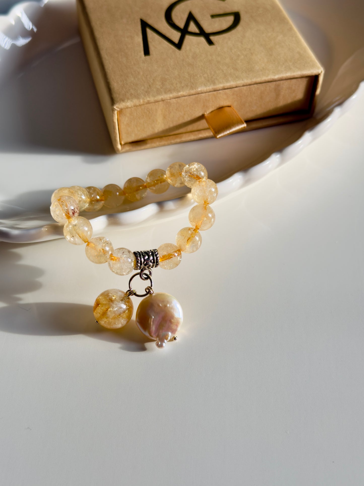 Citrine - Natural Round Pearl Bracelet