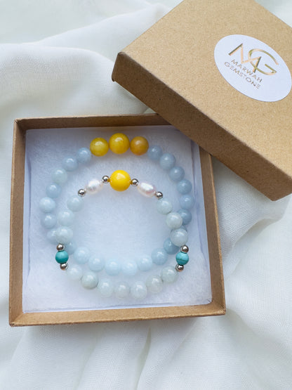 Aquamarine-Pearl-Yellow Amber-Tuquoise Mum and daughter bracelet set