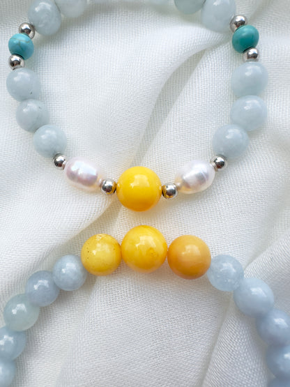 Aquamarine-Pearl-Yellow Amber-Tuquoise Mum and daughter bracelet set