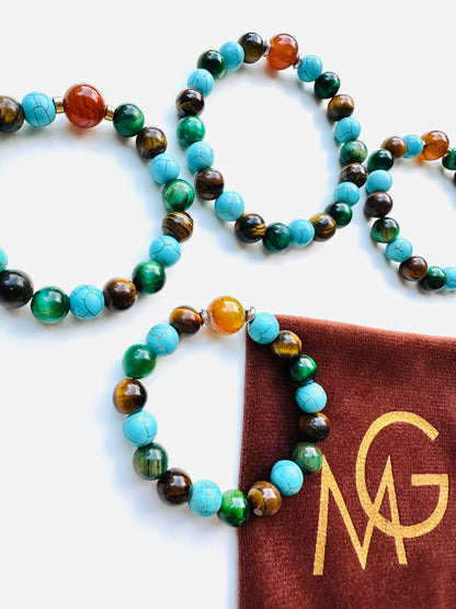 Family Eye Color Gemstone Bracelet - Turquoise-Yellow Agate-Green Tiger Eye-Tiger Eye