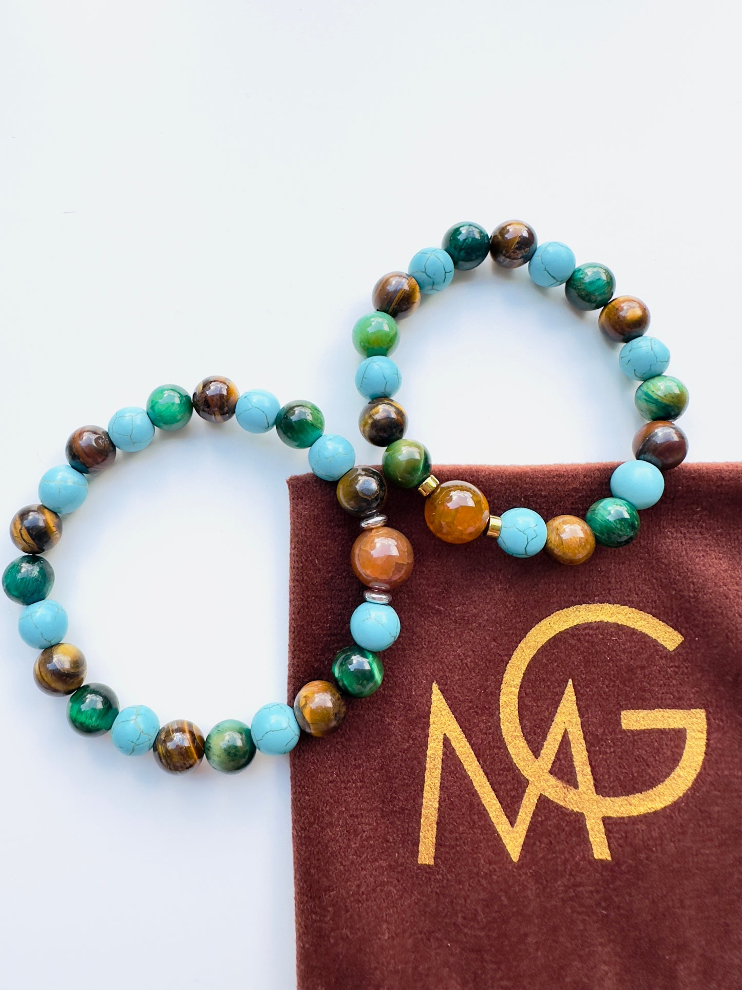 Family Eye Color Gemstone Bracelet - Turquoise-Yellow Agate-Green Tiger Eye-Tiger Eye