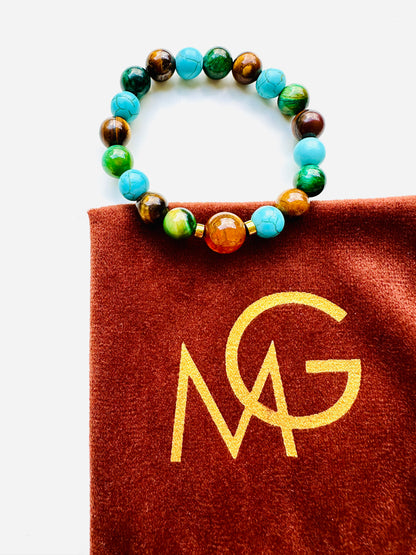 Family Eye Color Gemstone Bracelet - Turquoise-Yellow Agate-Green Tiger Eye-Tiger Eye