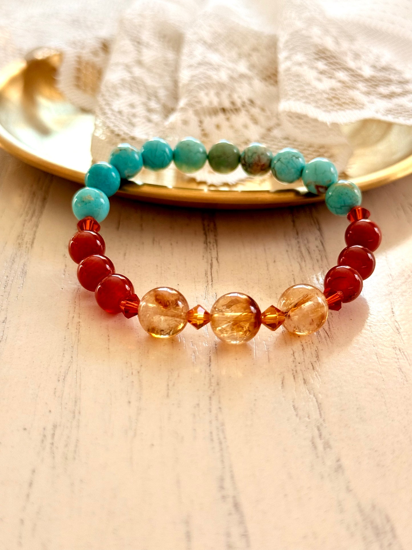 Turquoise - Citrine - Red Agate Bracelet with Swarovski Spacers