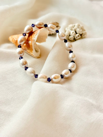 Natural Pearl Bracelet with Purple Swarovski Spacers